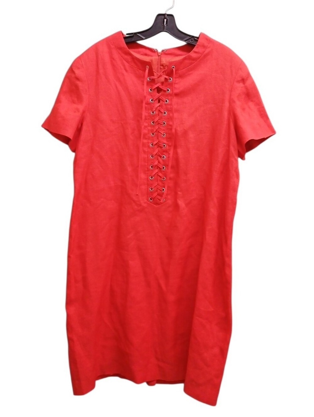 Kelly Graham Linen Orange Red Lace-Up Front Shift Dress Size 16